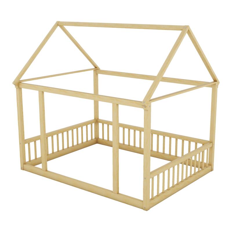 Full Size Pine Wood Floor Wooden Bed with House Roof Frame and Safety Guardrails