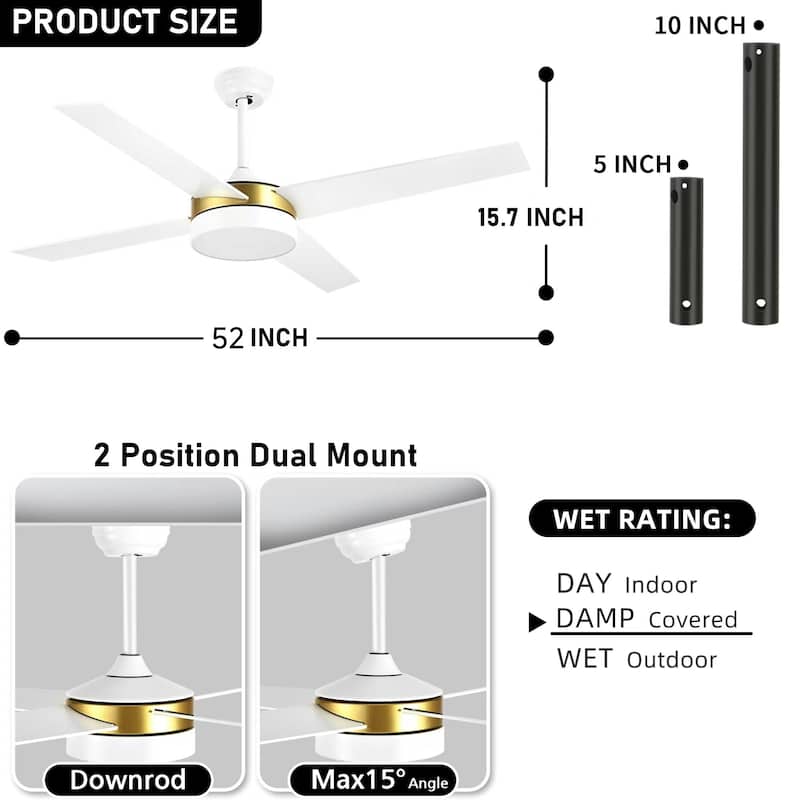 Moasis 52 inch 4 Blades Ceiling Fans with LED Light and Remote