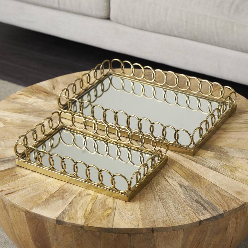 Gold Stainless Steel Metal Mirrored Geometric Living Room Decor Tray with Wire Rod Frame and Mirrored Glass Interior (Set of 2) - Gold - 18", 14"W