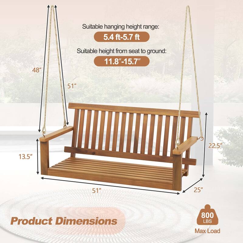 2-Seat Porch Swing Bench Acacia Wood Chair with 2 Hanging Hemp Ropes