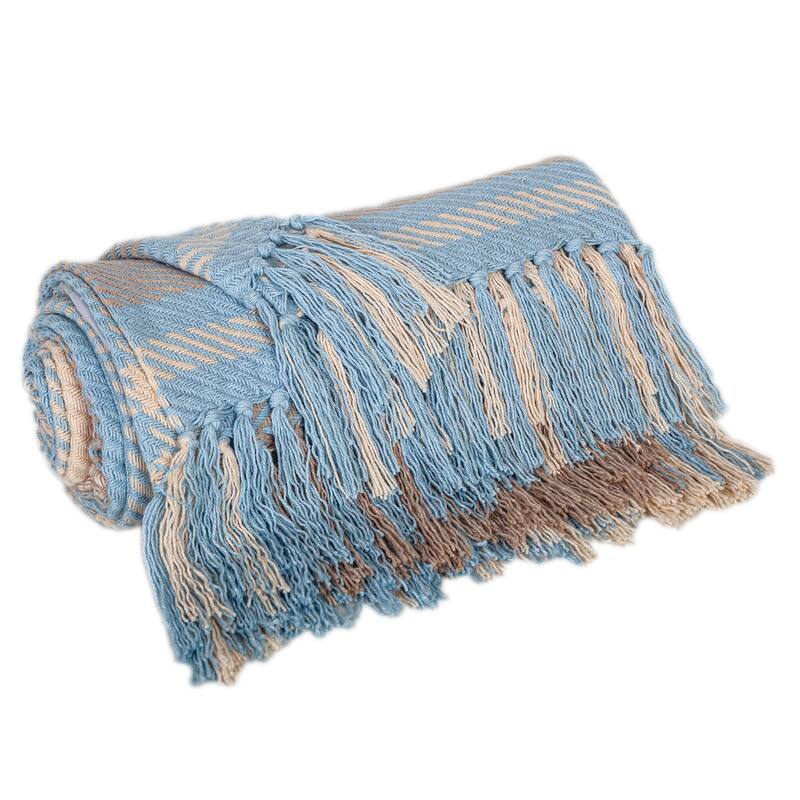 HomeRoots 50" X 60" Blue Gray and Beige Woven Cotton Plaid Throw Blanket with Fringe