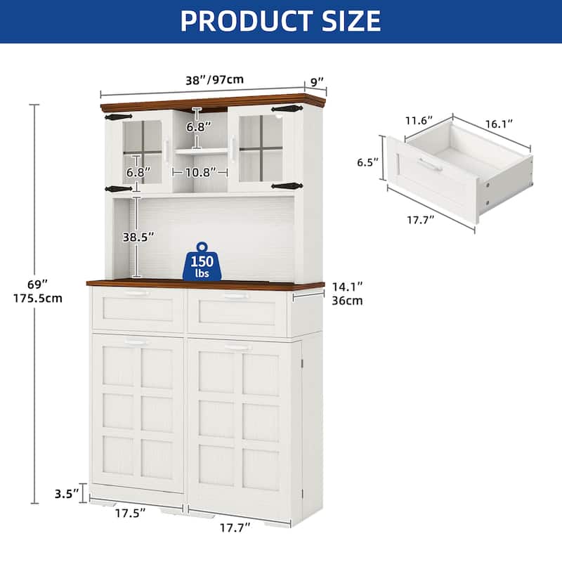 Moasis 69" H Farmhouse Kitchen Pantry Storage Cabinet with Trash Cabinet, Drawers and Door