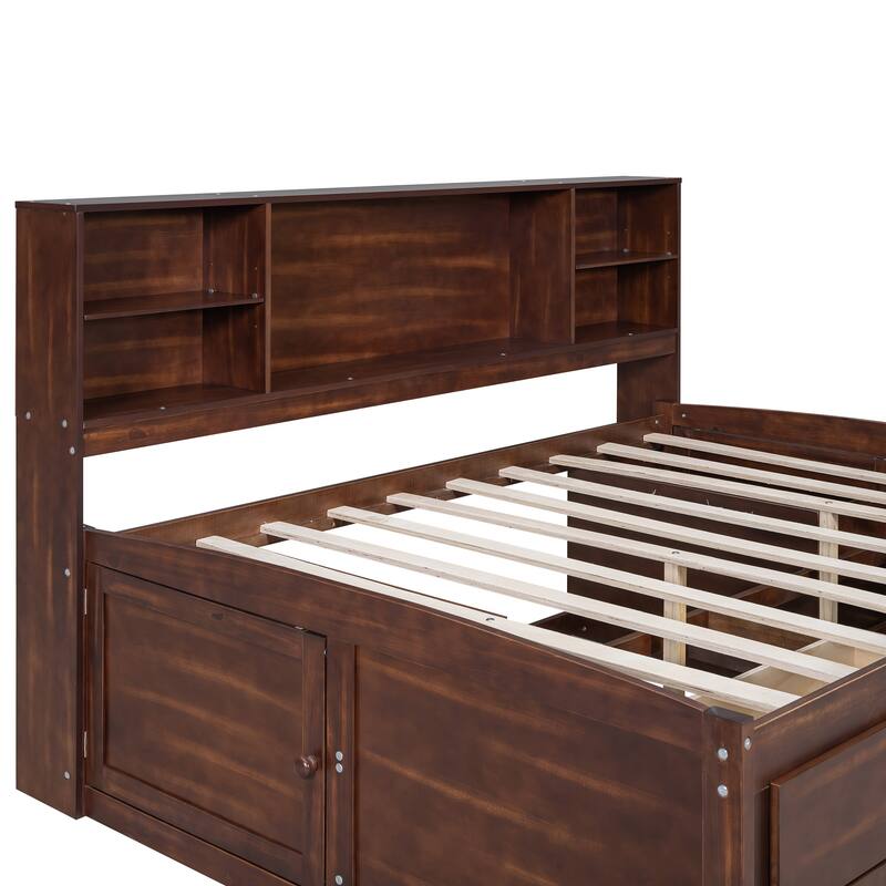 Full Size Captain Bed w/Built-in Storage Shelves, 4 Drawers and 2 Cabinets, Wooden Storage Bed and Low-Platform Bed for Bedroom