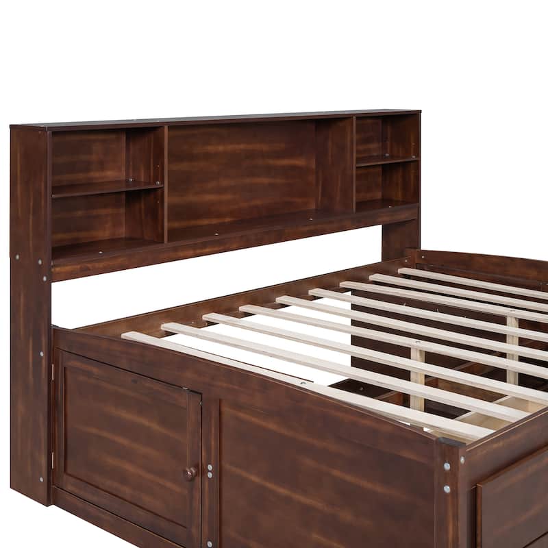 Full Size Wooden Captain Bed with Storage Shelves, 4 Drawers, 2 Cabinets