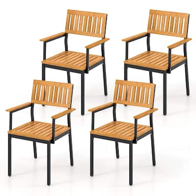 Gymax Dining Chair Set of 4 w/Acacia Wood Backrest Slanted Seat