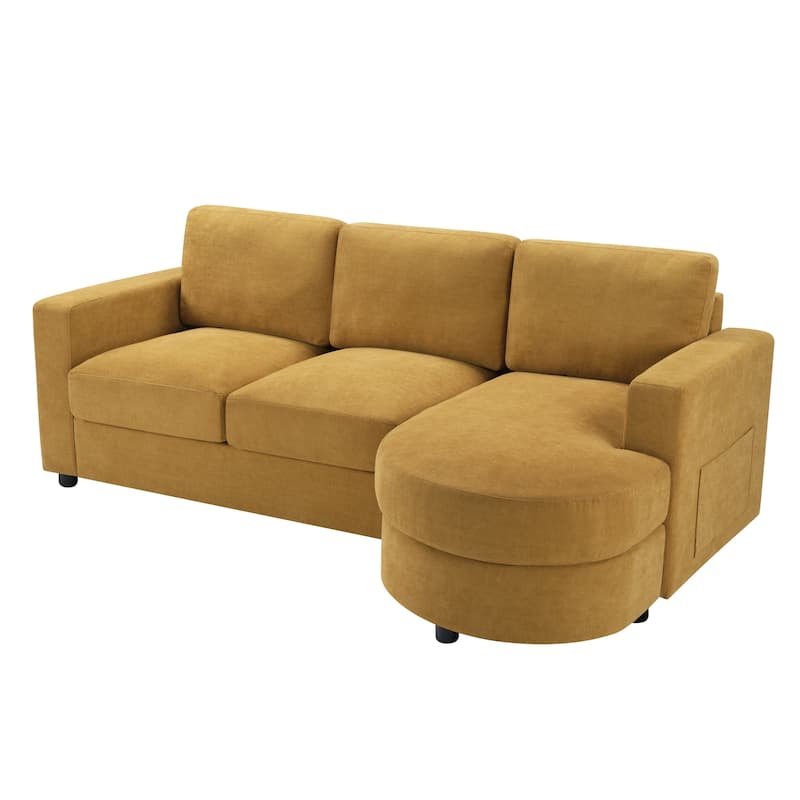 L-Shape Sectional Sofa with Curved Chaise Lounge, Chenille Fabric 3 Seater Sofa with USB Ports & Storage Pockets