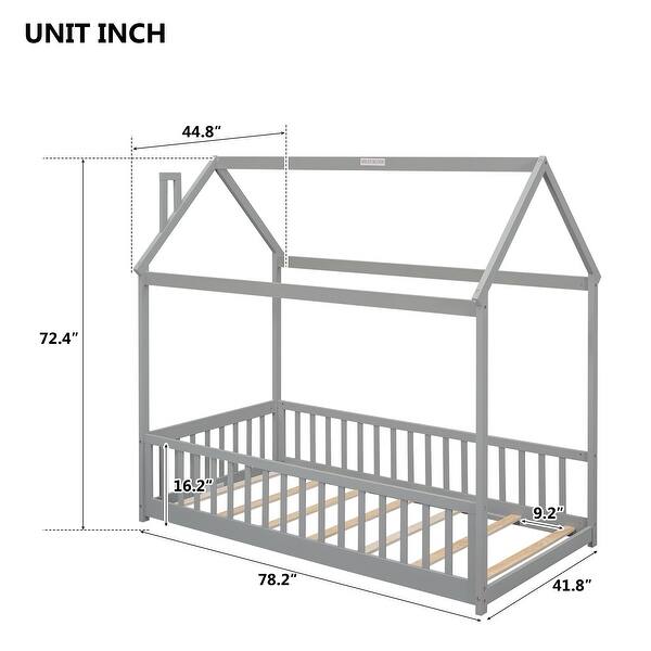 dimension image slide 0 of 3, Kids and Baby Twin Size House Bed Platform Bed with Guardrails and Slats