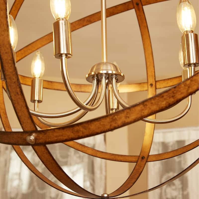 6-Light Barnwood And Brushed Nickle Pendant Lighting - 23.84"x23.84"x26.54"