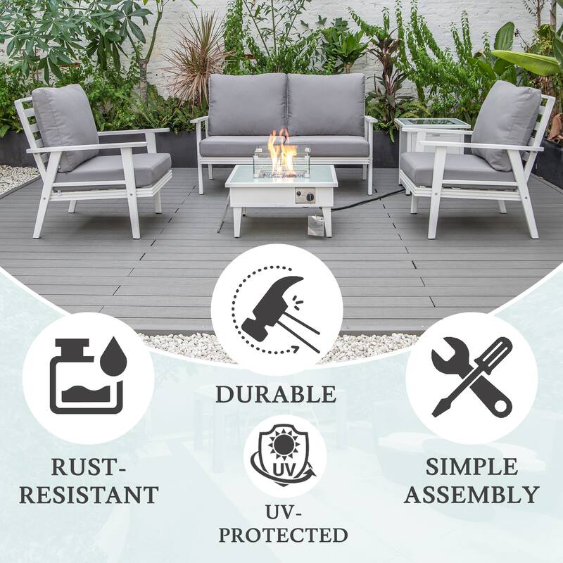 Walbrooke Modern 4-Piece Aluminum Patio Polyester Seating Furniture Set with 37,000 BTU Propane Fire Pit Table and Tank Holder