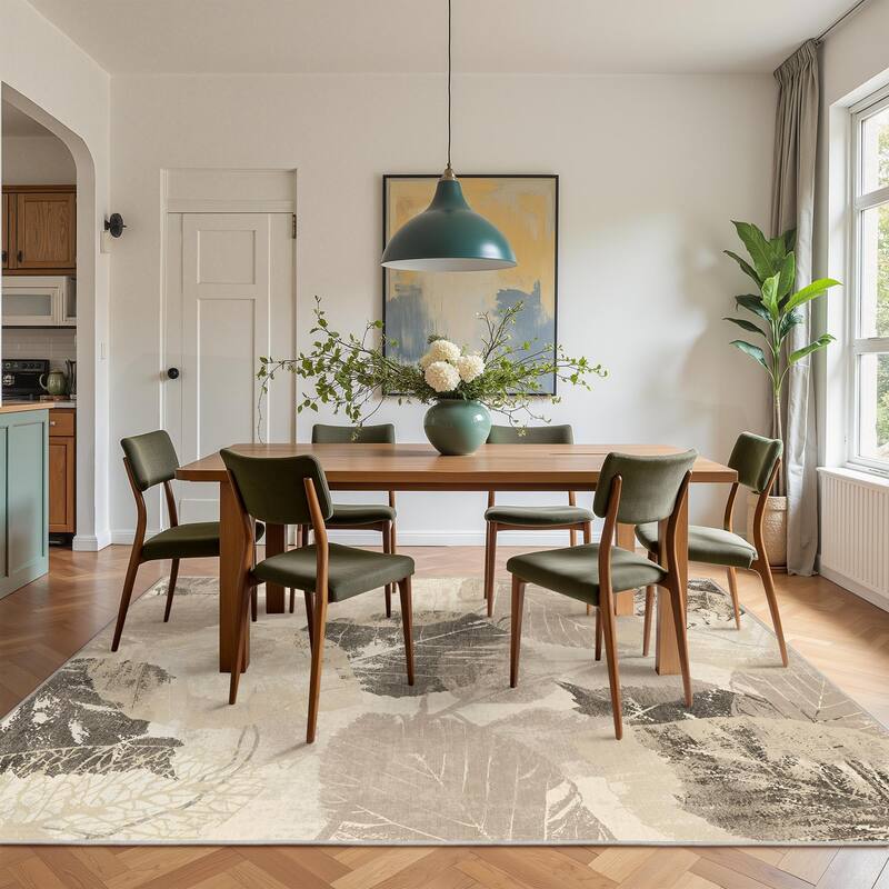 Mcow Leaf Collection Botanical Print Low-Pile Washable Area Rug