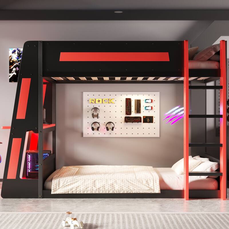 Roomfitters Twin/Full Over Twin Wooden Gaming Bunk Bed with Desk and LED Lights