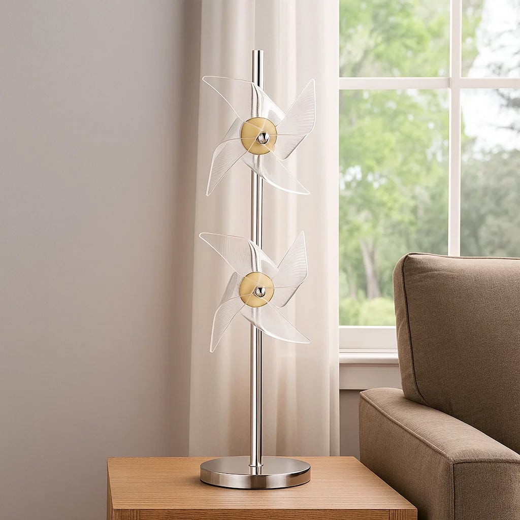 29 Inch Table Lamp, LED Pinwheel Shades, Metal, Acrylic, Sand Chrome