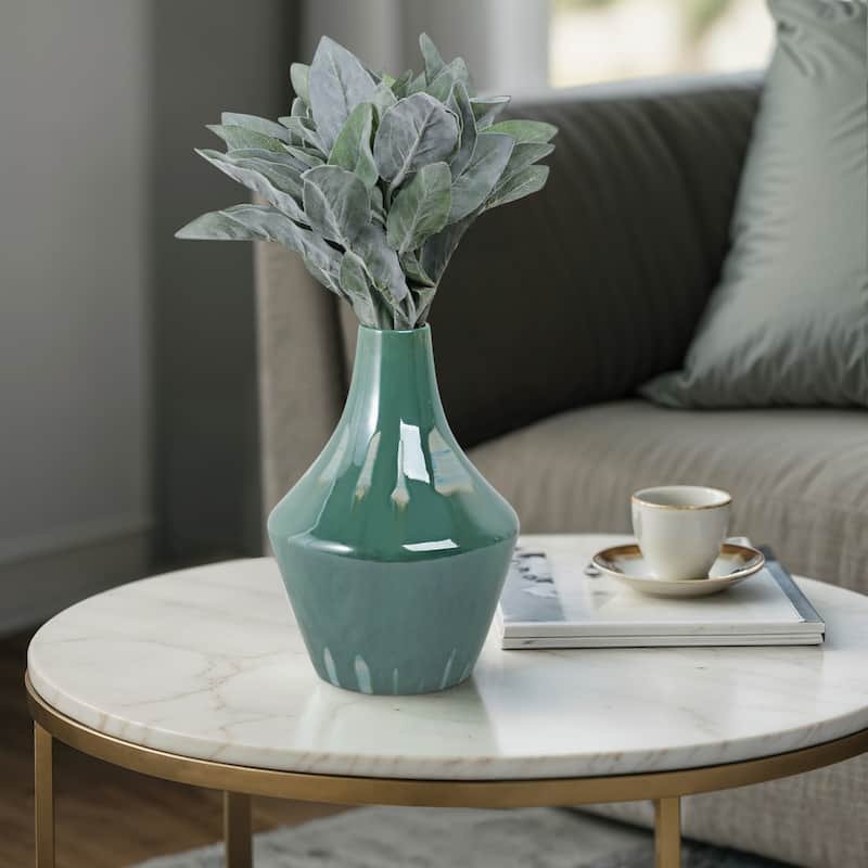 Stoneware Ceramic Decorative Vase with Glossy Drip Glaze Finish - 8" x 8" x 12"