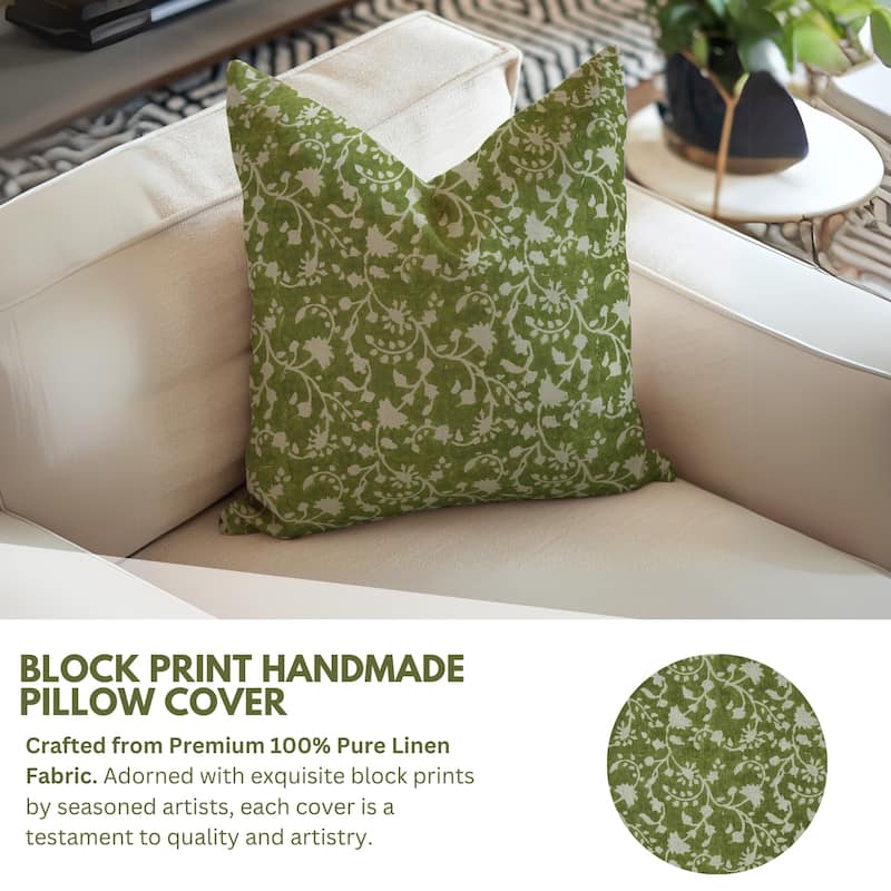Fabdivine 12x20 Handmade Pure Linen Cushion Cover Floral Mustard Ideal for Sofa, Floral Block Print, Accent Décor, Bagru Buti