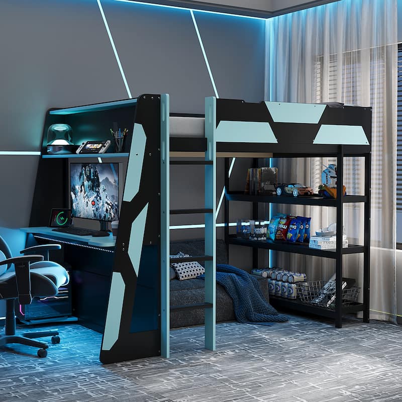 Full Size Gaming Loft Bed Station with Desk, Storage Shelves & RGB LED Lights - Blue - Full