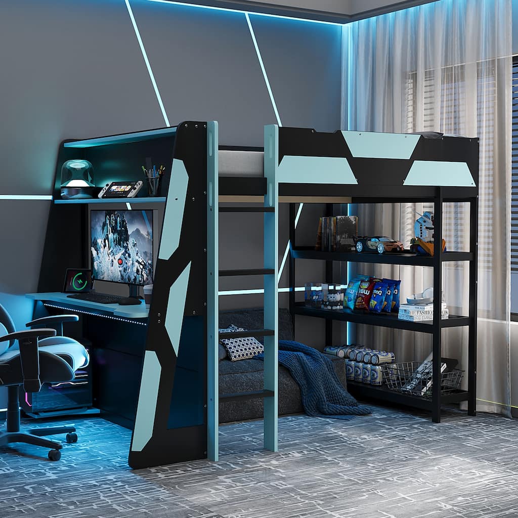 Full Size Gaming Loft Bed Station with Desk, Storage Shelves & RGB LED Lights