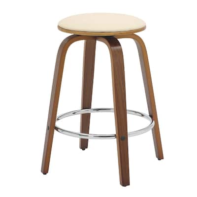 Leather Counter Stool Swivel Round Seat Poplar Wood Frame Iron Foot Rest
