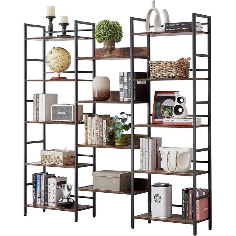 5 Tier Bookshelf Triple Wide Industrial Bookshelves and Bookcases, Large Open Display Shelf - Rustic Brown