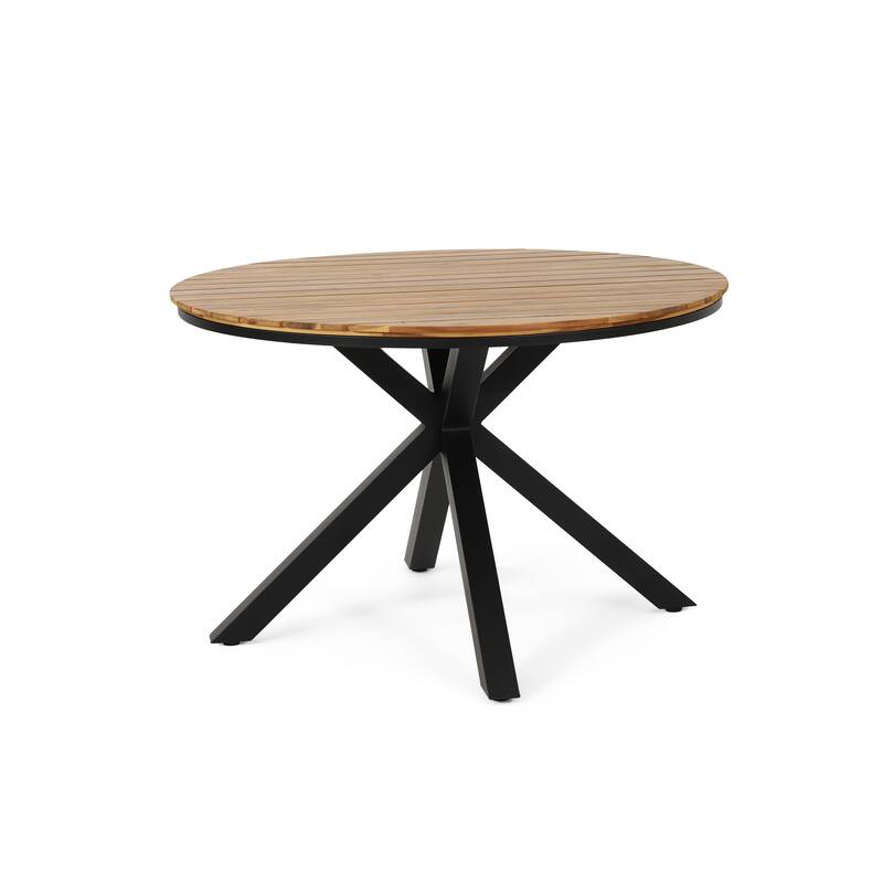 Roomfitters Outdoor Dining Table, Teak Acacia Wood Tabletop with Black Metal Legs, Teak+Black