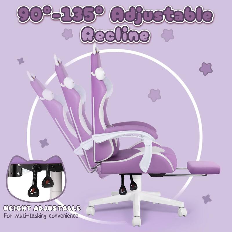 BOSSIN Gaming Chair with Cat Ears and Cat Paw Cushion Pillow,Cute Kawaii Reclining Computer Chair for Girl with Footrest