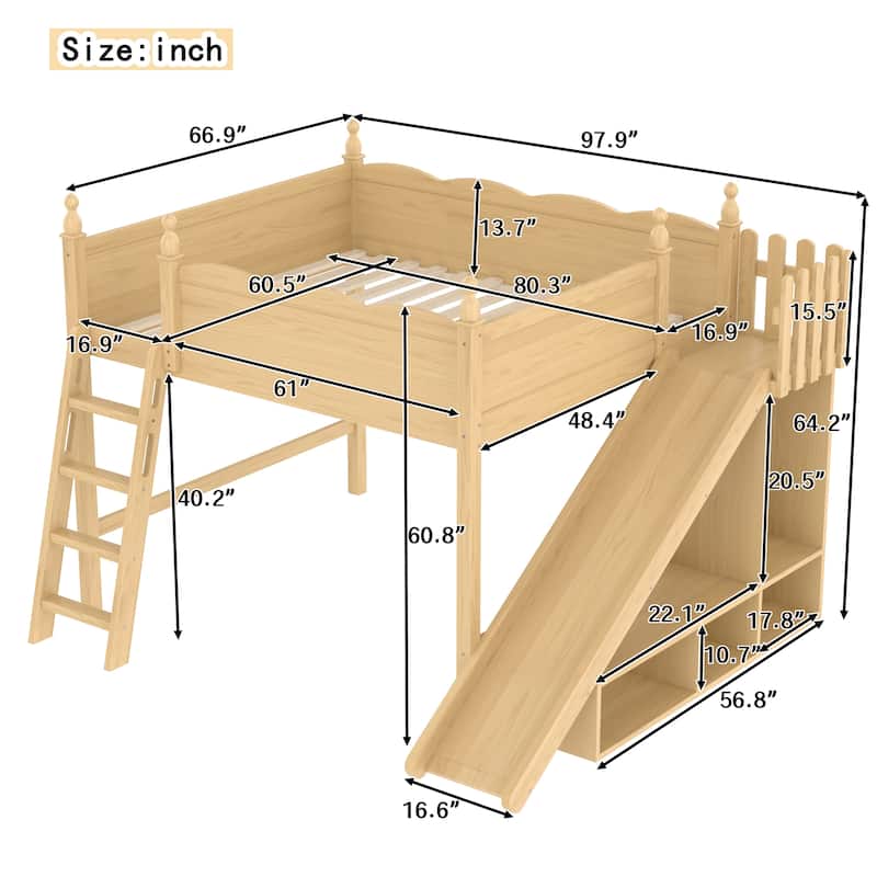 Full/Queen Loft Bed with Storage Shelves, Cabinet & Detachable Slide, Solid Wood Loft Bed with Ladders, No Box Spring