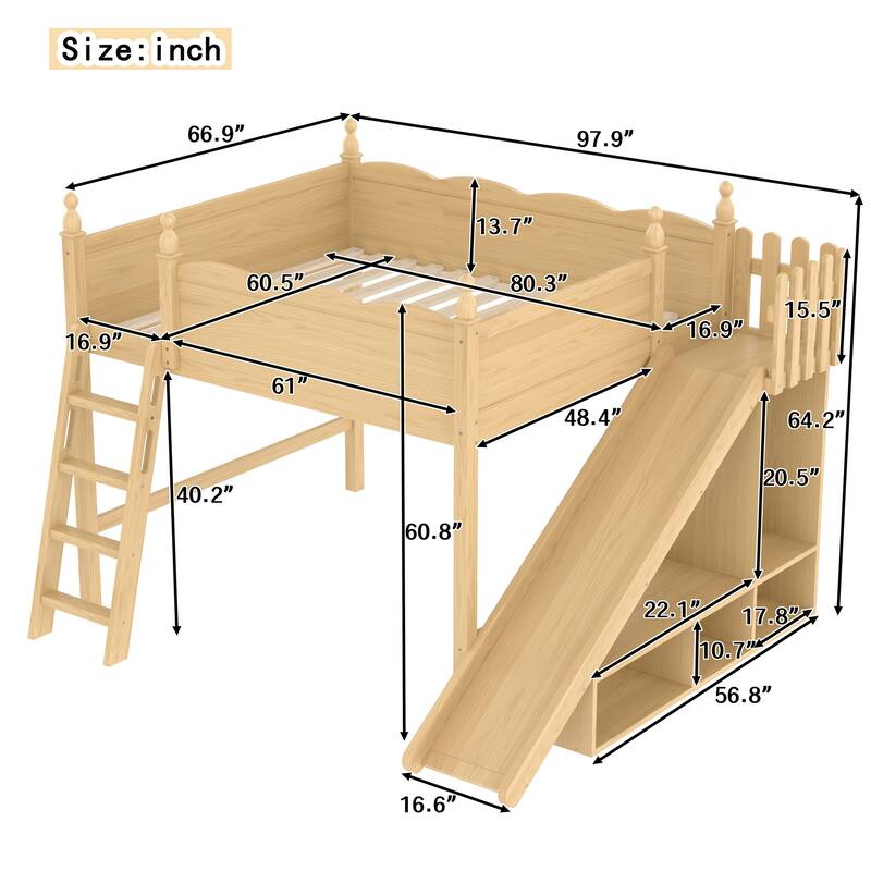 Modern High Loft Beds with Full Length Guardrails, Solid Wood Storage Loft Bed Frame with Detachable Slide and Ladders