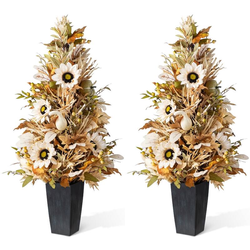 Glitzhome 3FT Fall Pumpkin Sunflower Pinecones Porch Potted Tree - Set of 2-White