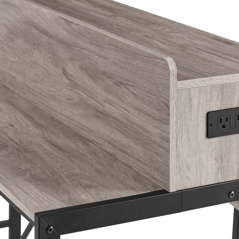 Counter Height Bar Table Set with Power Socket & LED Light, Farmhouse 4-Piece Dining Table Set with 3 Saddle Stools