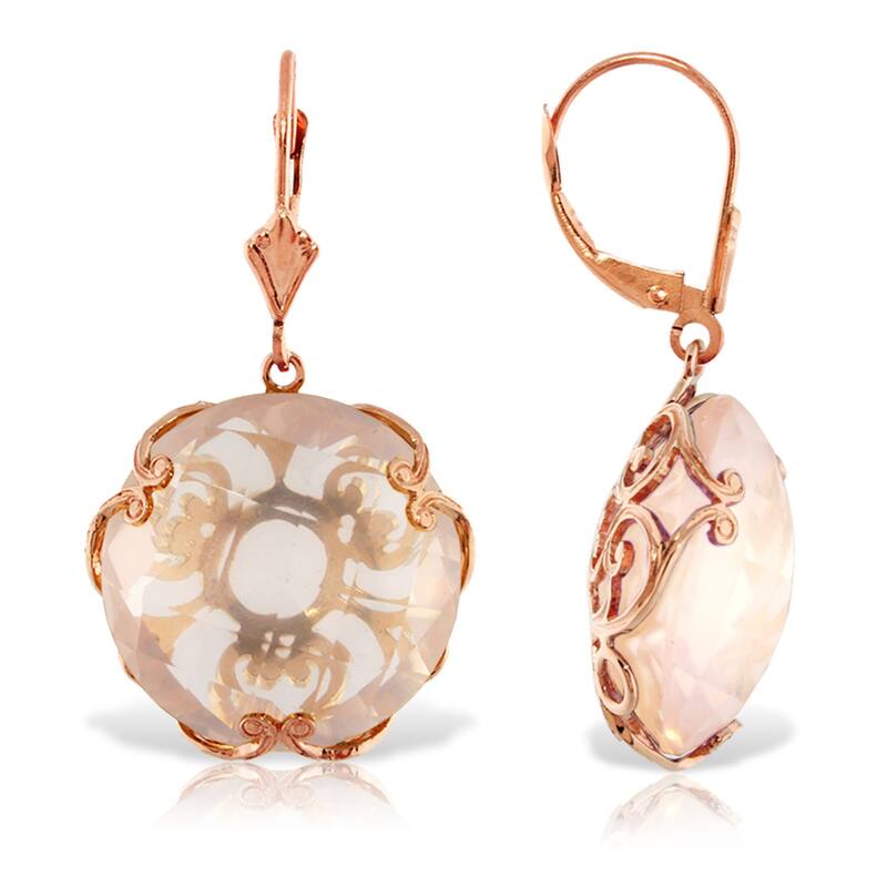 14K Solid Gold Leverback Gemstone Earrings Round Rose Quartz - Rose