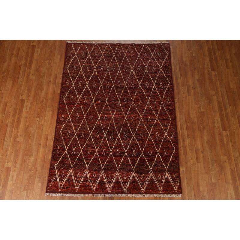Hand Knotted Oriental 100% Wool Carpet Modern Geometric Red Moroccan Area Rug - 7' 10'' X 5' 7''