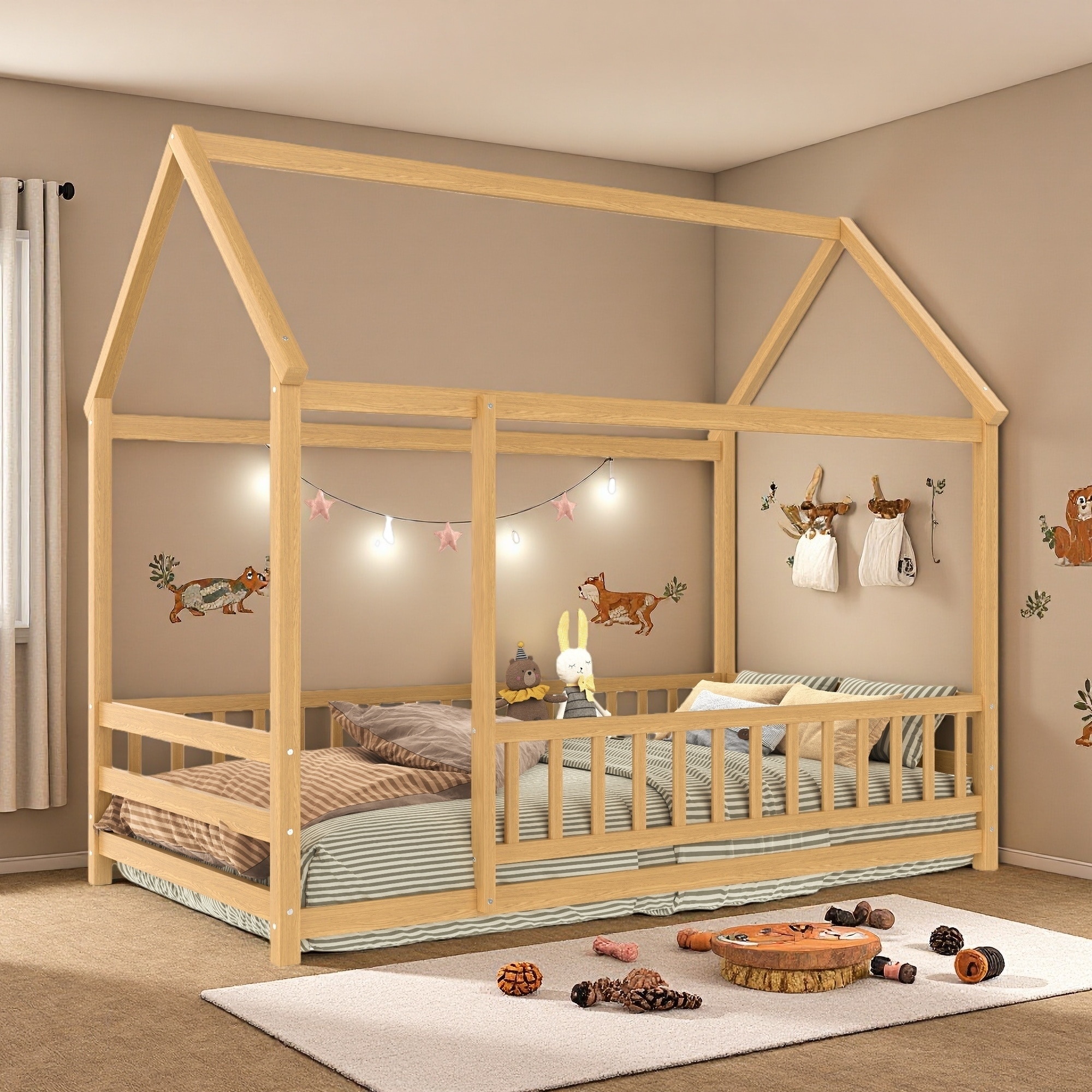 Twin Size Solid Pine Wood House Roof Floor Bed with Fence Guardrails, Natural Kids Wooden Floor Bed with Open Entrance