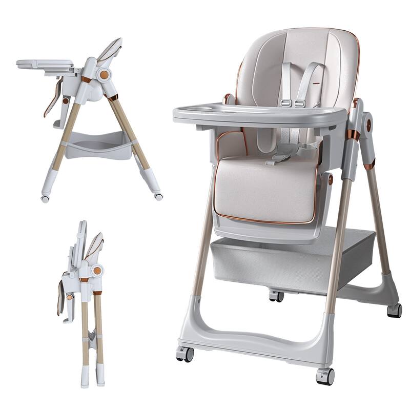 Adjustable High Chair for Babies Aged 0-6 Years with Safety Belt and Lockable Wheels
