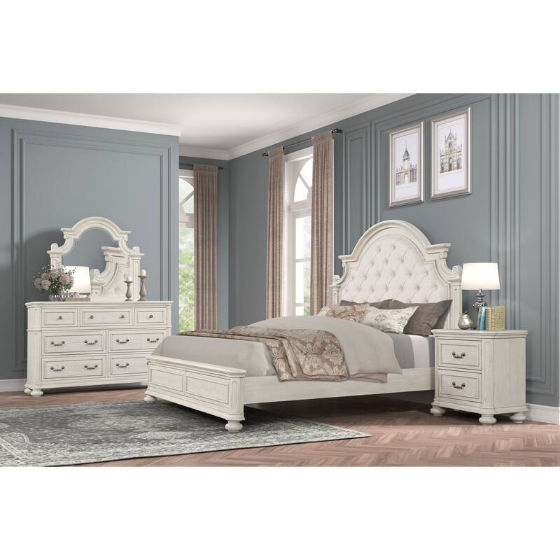 Roundhill Furniture Nelson French Traditional 4-Piece Bedroom Set, Antique White - King