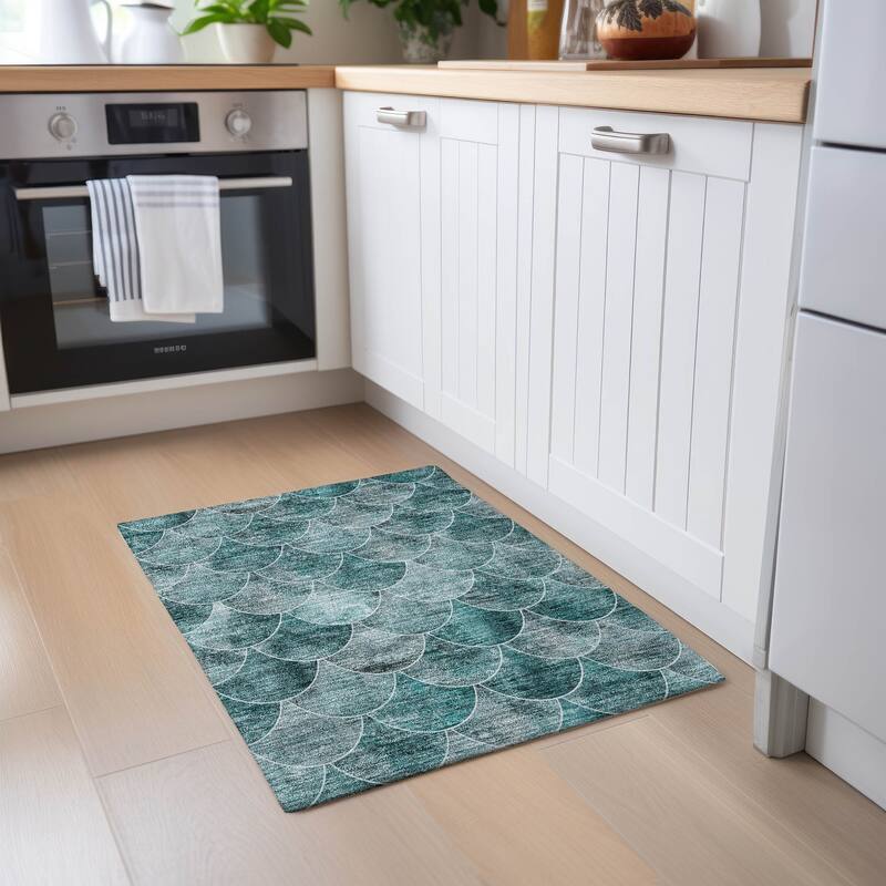 Machine Washable Indoor/ Outdoor Chantille Contemporary Rug - Teal - 1'8" x 2'6"