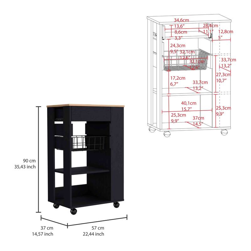 Kitchen Cart, 1 Drawer & 2 Open Shelves, 4 Casters, White & Light Oak - Mobile Storage Rack