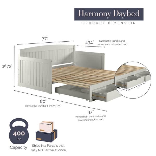 dimension image slide 1 of 2, Alaterre Furniture Harmony Wood Daybed with King Conversion