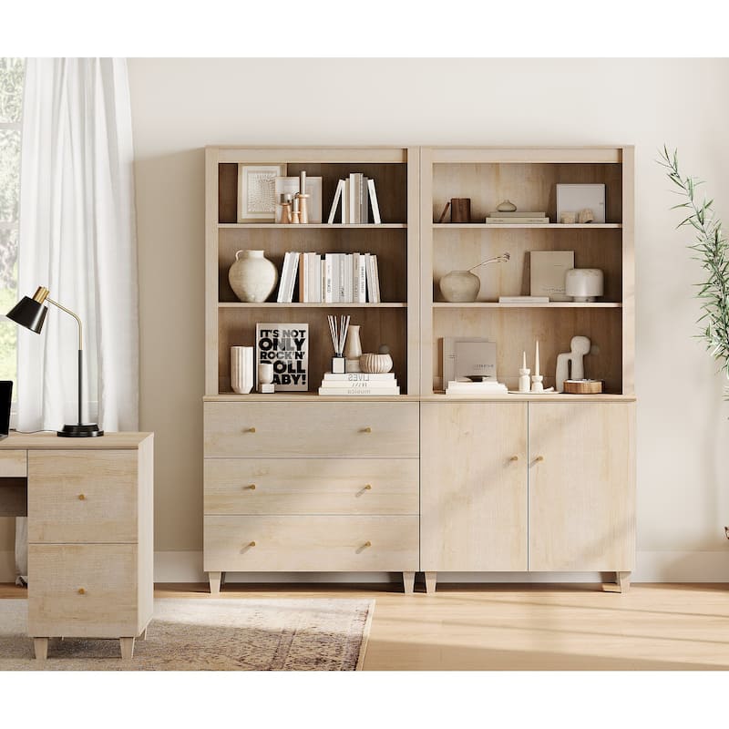 WAMPAT 71" Tall Bookshelf Set of 2, 5-Tier Modern Bookcases with 1 Cabinet and 3 Drawers for Living Room - Natural Oak