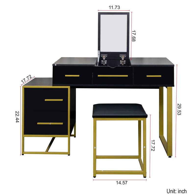 Vanity Desk with Flip Top Mirror, Large Wooden Dresser Table, Makeup Vanity Set with 4 Storage Drawers and Cushioned Stool
