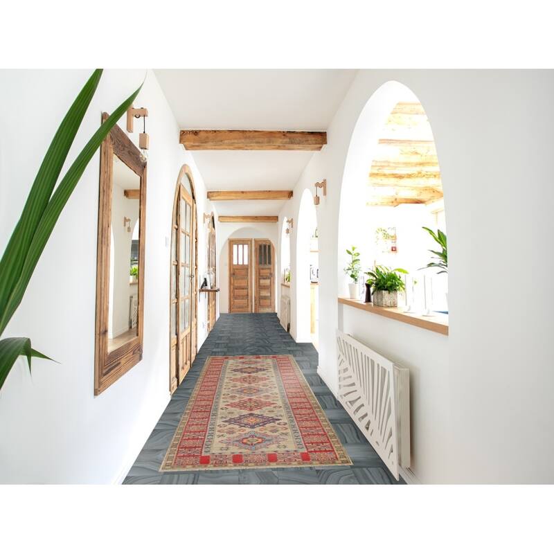 Geometric Kazak Runner Rug Handmade Foyer Wool Carpet - 2'10" x 9'7"