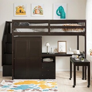 Full Size Loft Bed with Stairs, Bookshelf, Drawers, Desk & Wardrobe