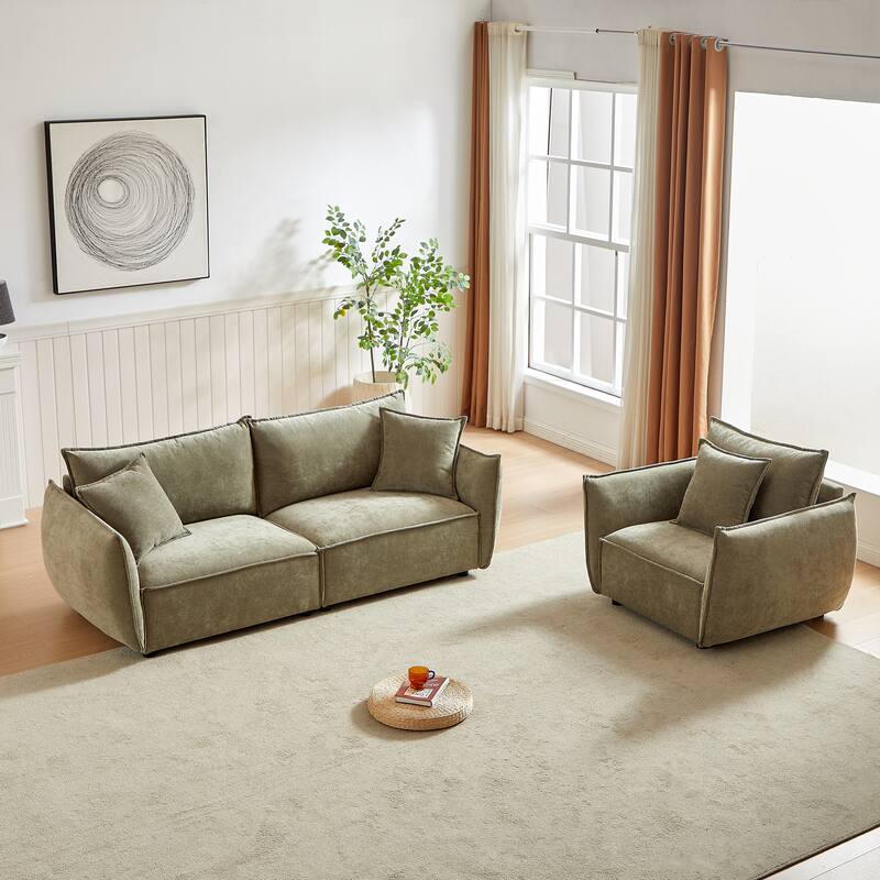 3-1 Sofa Combo - Solid Wood Frame with Chenille Upholstery and 3 Pillows - Light Green