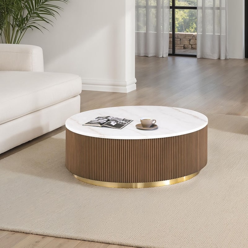 Modern Genuine Marble Top Coffee Table with Accent Gold Stainless Steel Base - White+Brown(1PC) - 35" Round