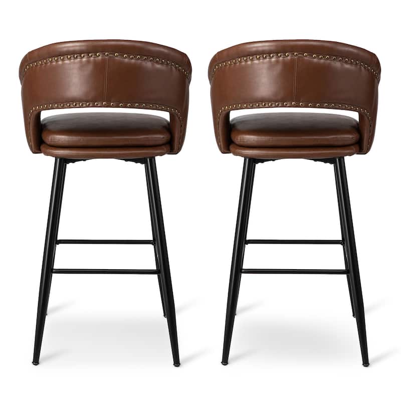 Glitzhome Set of 2 Mid-Century Modern 40.5"H Faux Leather Bar Stools with Nailhead Trim