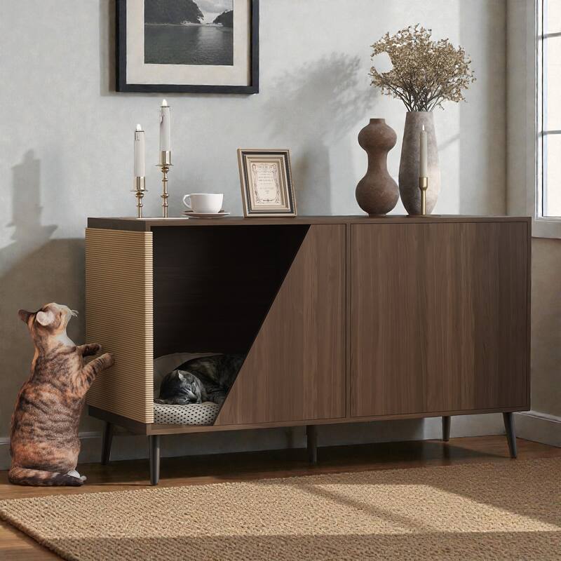 2-in-1 Walnut Cat Litter Box Cabinet with Spring-Loaded Door, Cat Scratch Side Table, Modern Pet Furniture for Living Room