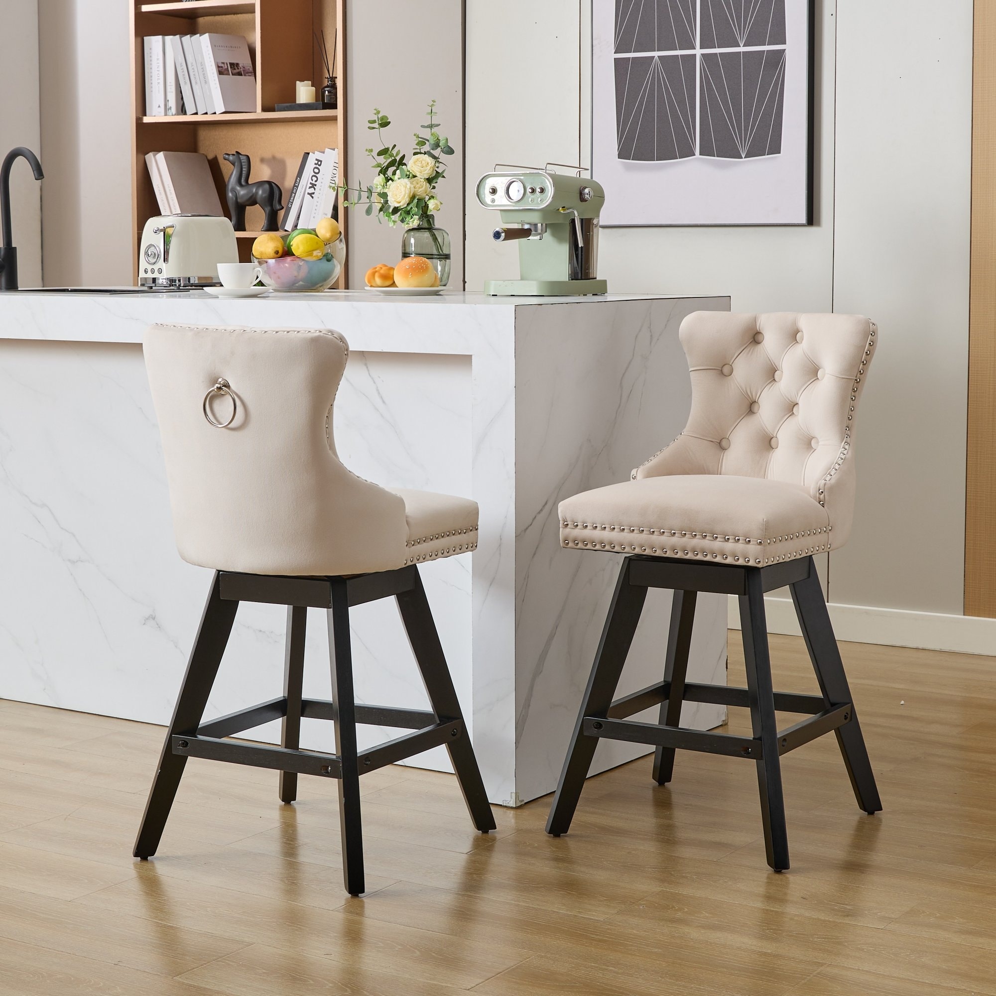 Set of 2 Swivel Velvet Bar Stools with Button Tufting, Wood Legs & Chrome Nailhead Trim - Beige