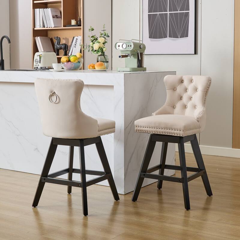 Swivel Bar Stools Set of 2, Velvet Counter Height Barstools with Wooden Legs, Kitchen Island Chairs with Button Backrest - Beige