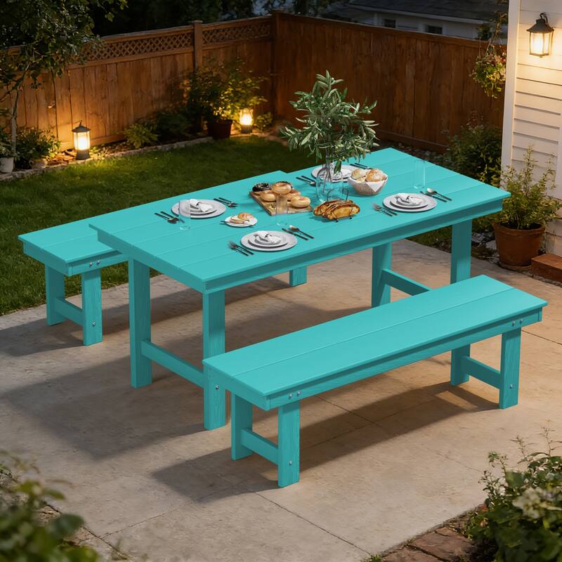 3-Piece HDPE Outdoor Dining Set with Umbrella Hole Table and Two 2-Person Benches