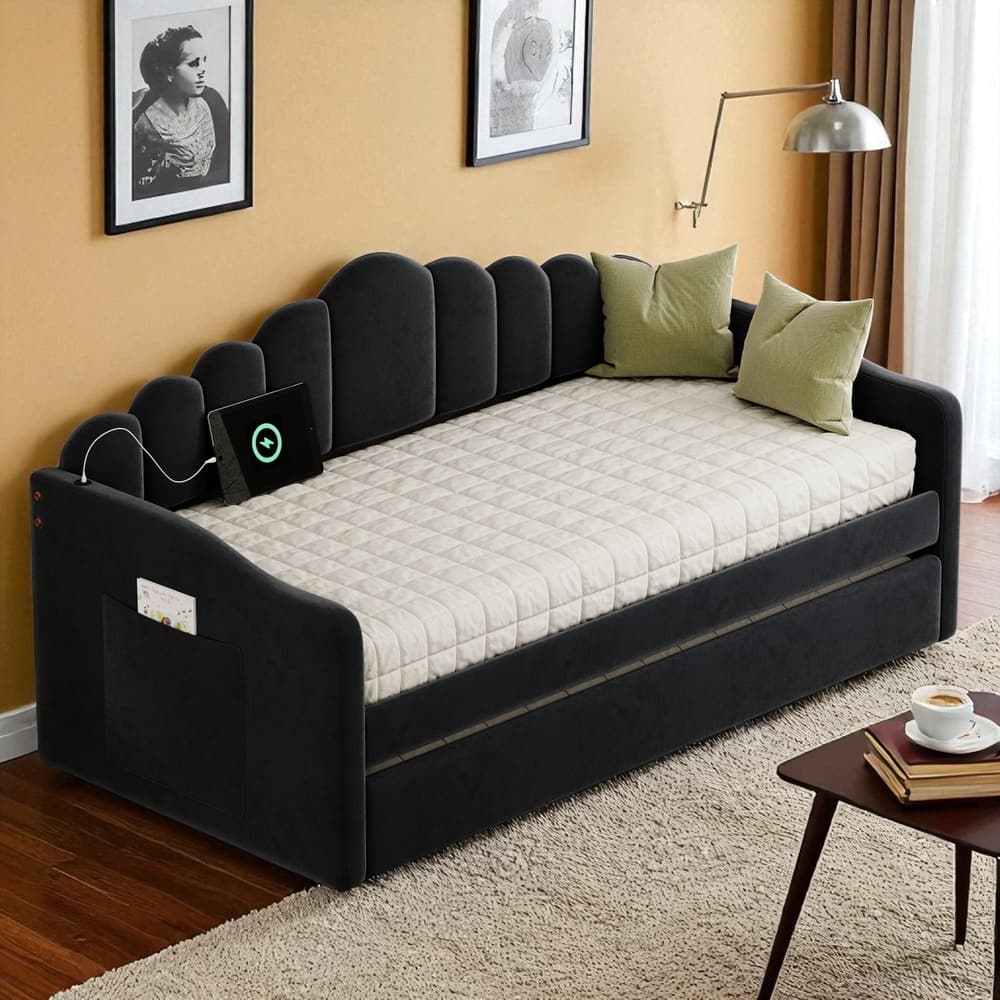 Twin Size Velvet Upholstered Daybed with Trundle, USB Charging Ports, Side Pockets, No Box Spring Required