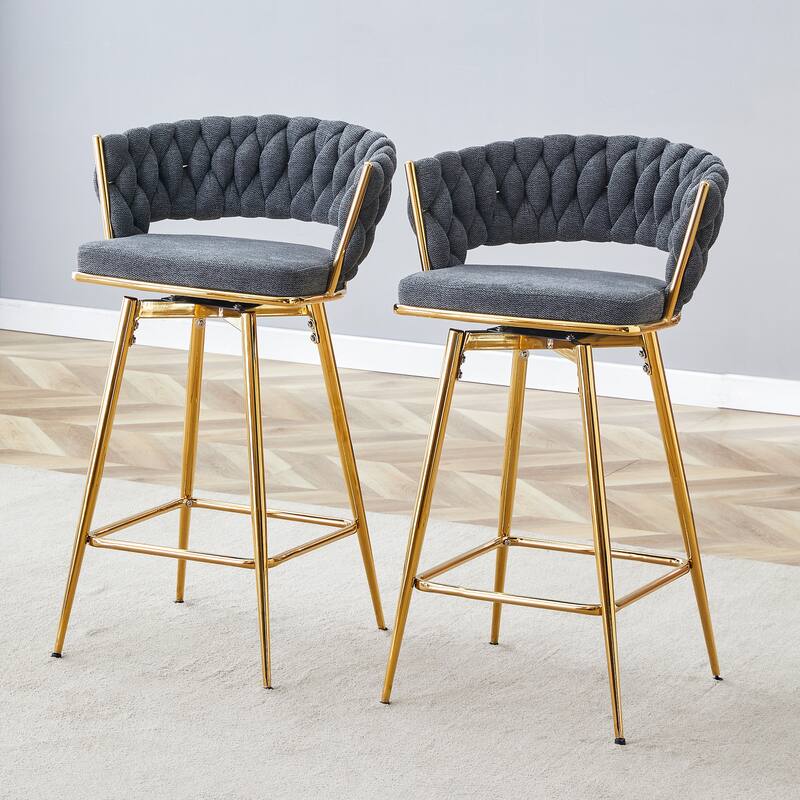 Swivel Bar Stools with Breathable Cotton-Linen Cushions & Rust-Proof Electroplated Metal Frames . - Set of 2 - Black
