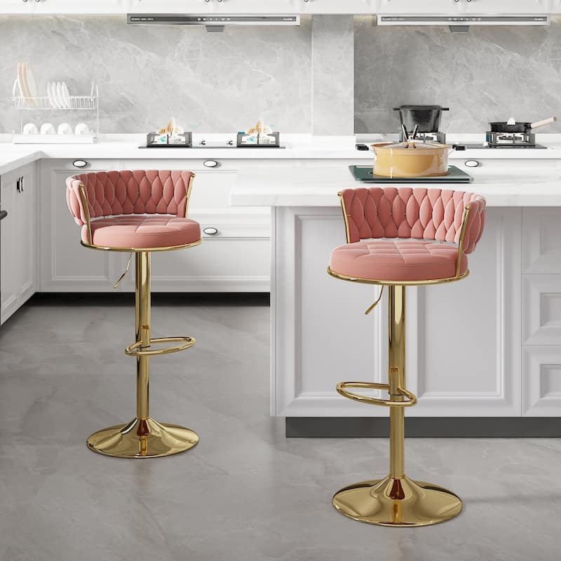 Javlergo 4 Colors Bar Stools Set of 2 Elegant Velvet Swivel Bar Stools with Adjustable Height Woven Back & Golden Base - Pink